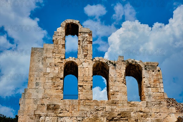 Ruins of Odeon of Herodes Atticus ancient stone Roman theater located on the southwest slope of the Acropolis hill of Athens