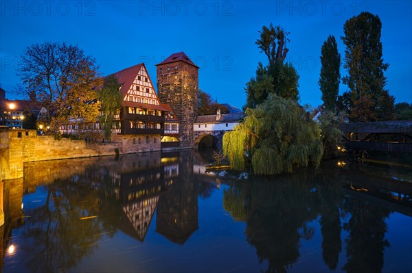 Nuremberg city houses on riverside of Pegnitz river from Maxbrucke