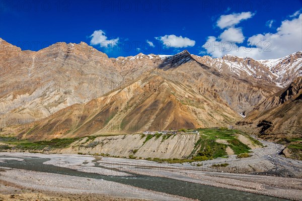 Small sparsely populated village with residental houses in Himalayas mountains