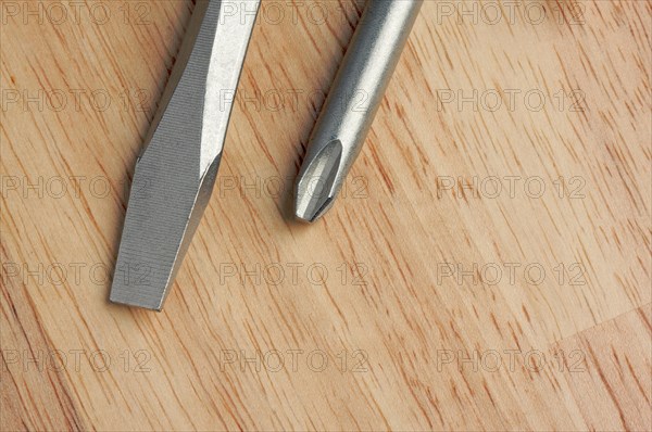 Pair of screwdrivers on a wood background