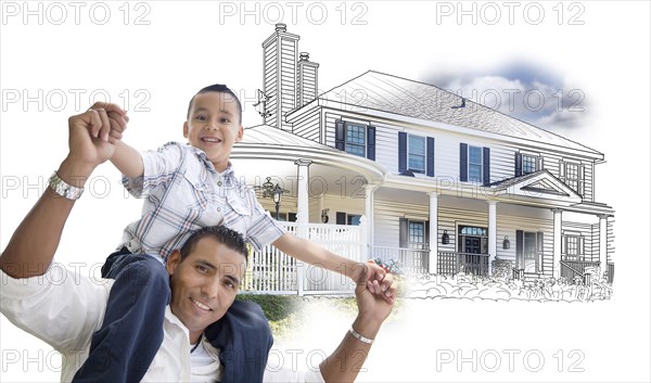 Hispanic father and son over house drawing and photo combination on white