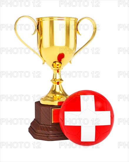 3d rendering of gold trophy cup and soccer football ball with Switzerland flag isolated on white background