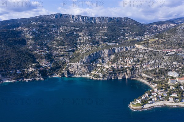 Aerial view of the coast of Cap d'Ail with Plage Mala