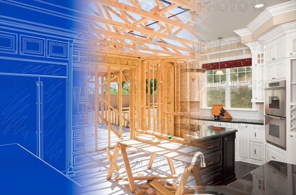 Kitchen blueprint drawing gradating into house construction framing then into finished build