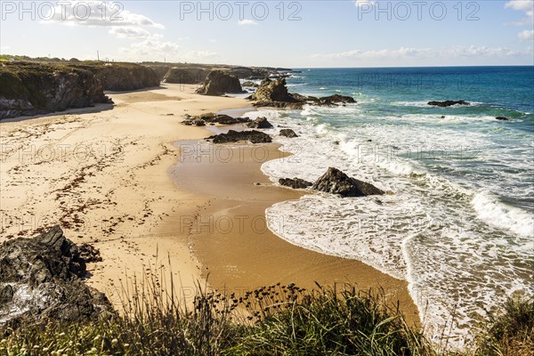 Beautiful landscape and seascape with rock formation in Samoqueira Beach