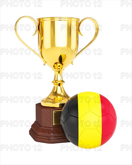 3d rendering of gold trophy cup and soccer football ball with Belgium flag isolated on white background