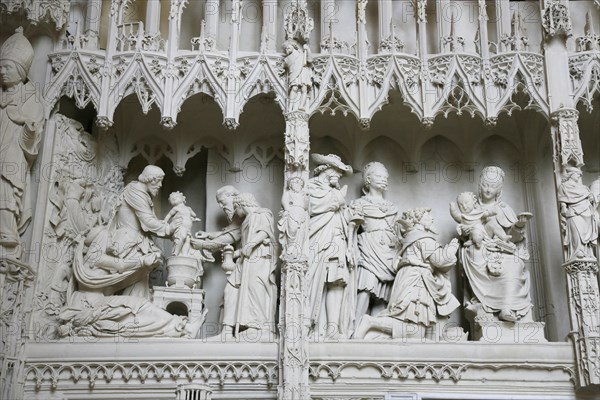 Stone sculptures Scenes from the Life of Jesus and Mary on the choir screen of Notre Dame of Chartres Cathedral