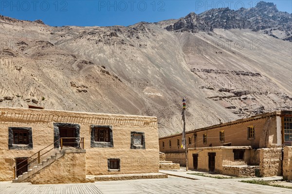 Tabo monastery of Tibetan Buddhist Gelug sect made of clay in Tabo village. Monastery is built on high Himalaya plato in tradition of Tibetan Buddhism. Tabo