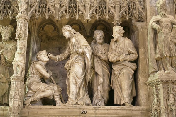 Stone sculptures Scenes from the Life of Jesus and Mary on the choir screen of Notre Dame of Chartres Cathedral