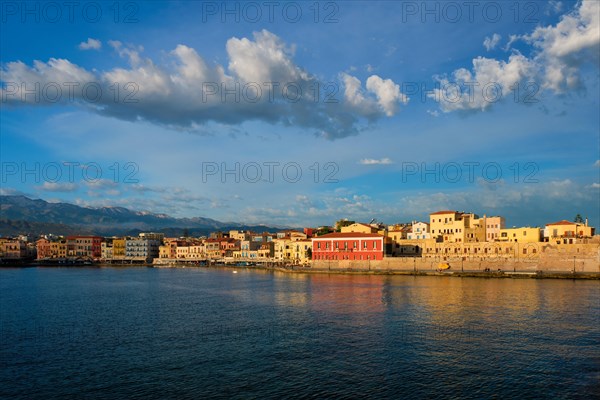 Picturesque old port of Chania is one of landmarks and tourist destinations of Crete island in the morning on sunrise. Chania