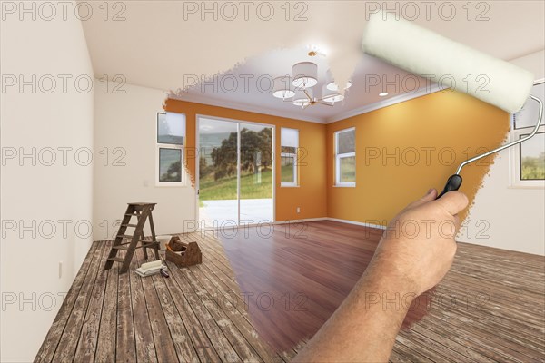 Before and after of man painting roller to reveal newly remodeled room with fresh yellow ochre paint and new floors