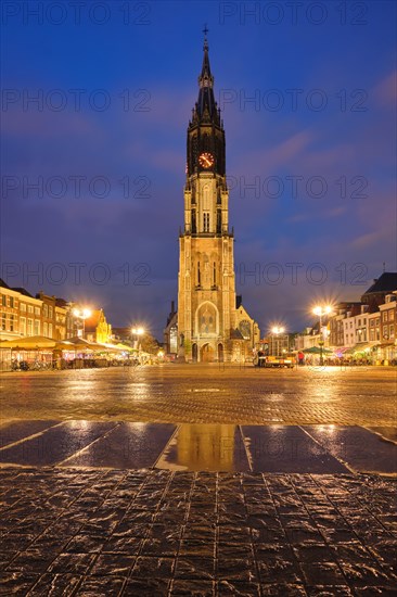 Nieuwe Kerk New Church protestant church on Delft Market Square Markt in the evening. Delft