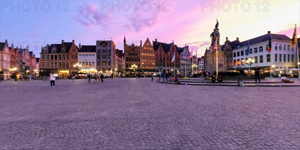 Spherical 360 panorama Bruges Grote markt square with Belfry tower and Provincial Court building famous tourist destination and in Bruges