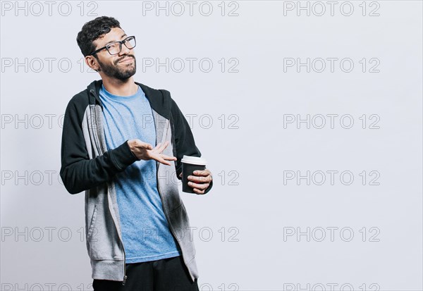 Smiling person with coffee on isolated background