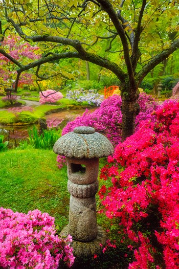 Stone lantern in Japanese garden with blooming flowers in Park Clingendael