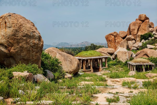 Ancient ruins in Hampi on sunset. Above Hampi Bazaar