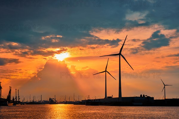 Wind turbines power electricity generators in Antwerp port on sunset