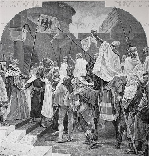 Frederick II being seen off by the Knights of the Teutonic Order in Marburg