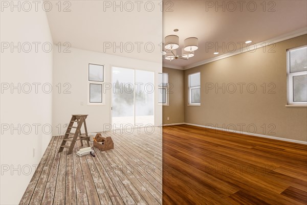 Unfinished raw and newly remodeled room of house before and after with wood floors