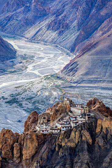 Famous indian tourist landmark Dhankar Monastery perched on a cliff in Himalayas. Dhankar