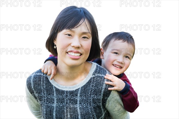 Chinese mother and mixed-race child isolated on a white background