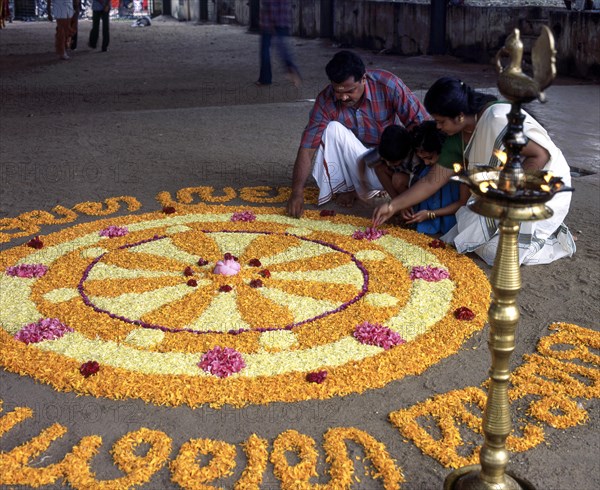 Aththapoovu or Floral decoration during Onam festival in front of Bhagavati temple in Kodungallur