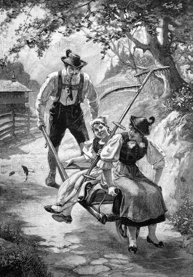 Farmer driving the woman to work in the fields on a wheelbarrow with a scythe