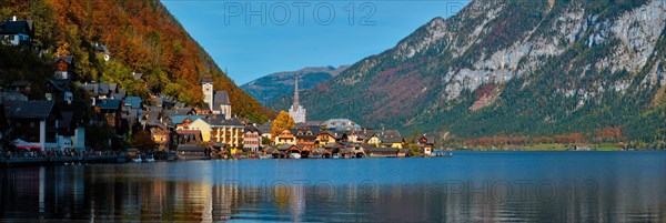 Panorama of Austrian tourist destination Hallstatt village on Hallstatter See in Austrian alps in autumn