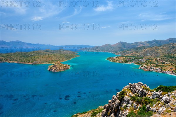 Island of Spinalonga with old fortress former leper colony and the bay of Elounda