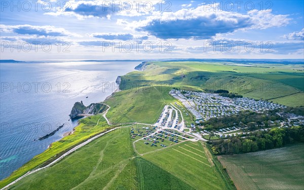 Panorama over Durdle Door Holiday Park and Jurassic Coast and Clifs