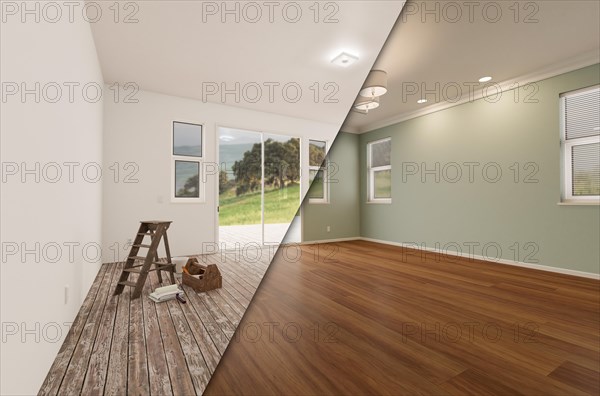 Unfinished raw and newly remodeled room of house before and after with wood floors