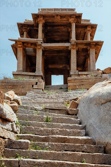 Ancient Vijayanagara Empire civilization ruins of Hampi now famous tourist attraction. Sule Bazaar