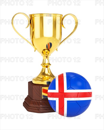 3d rendering of gold trophy cup and soccer football ball with Iceland flag isolated on white background