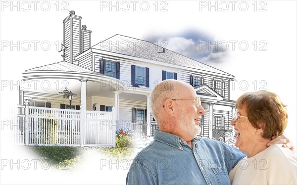 Happy senior couple over house drawing and photo combination on white