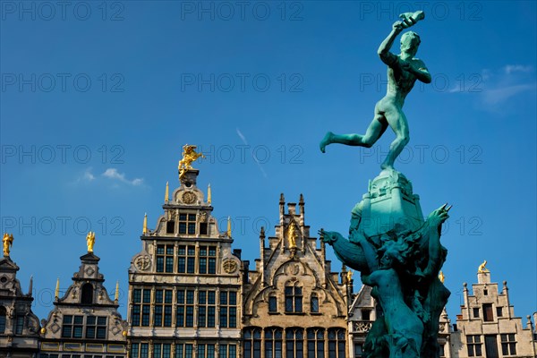 Antwerp 16th century old houses Monumental Guildhouses facades on Grote Markt square and Antwerp famous Brabo statue and fountain on Grote Markt square