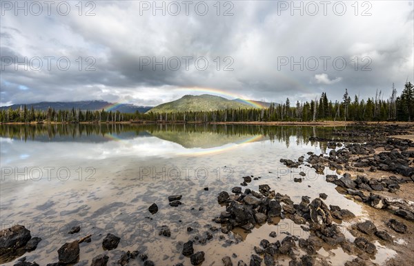 Rainbow in dark clouds over a forest