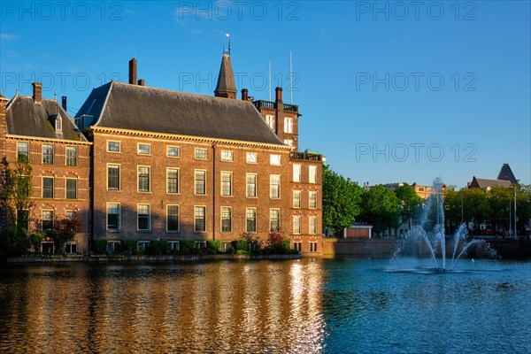 View of the Binnenhof House of Parliament and the Hofvijver lake. The Hague