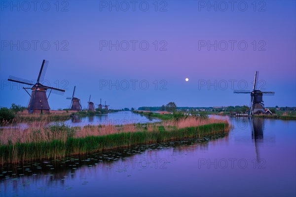Netherlands rural lanscape with windmills at famous tourist site Kinderdijk in Holland in twilight with full moon