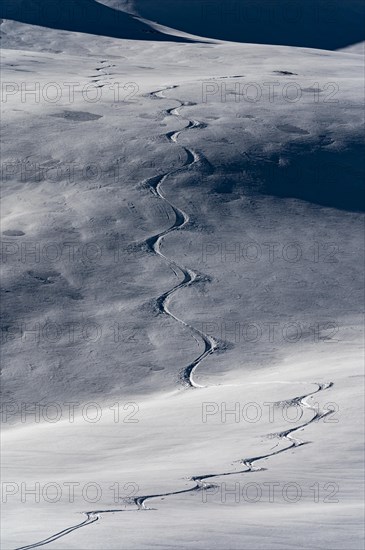 Einsame Skispur in unberuehrter Winterlandschaft