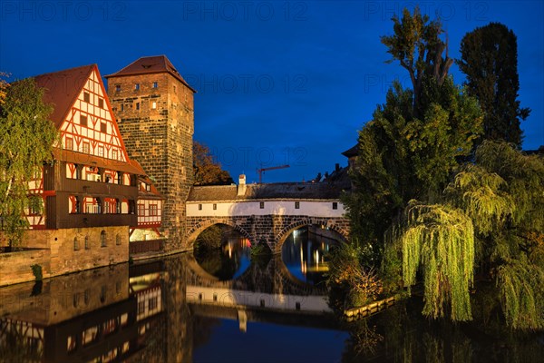 Nuremberg city houses on riverside of Pegnitz river from Maxbrucke