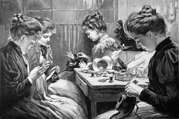 Four women doing needlework in the living room