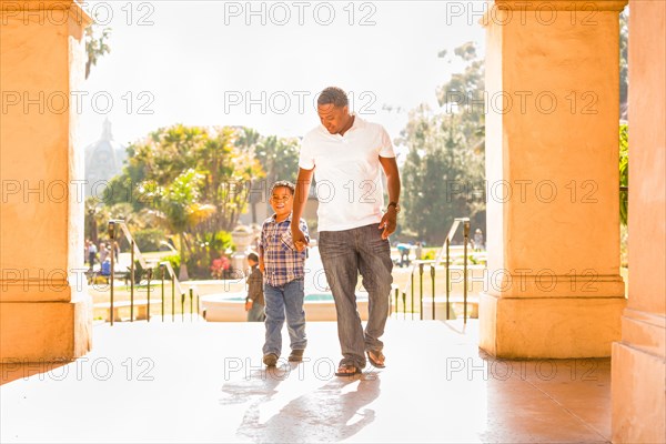 Happy african american father and mixed-race son walking at the park