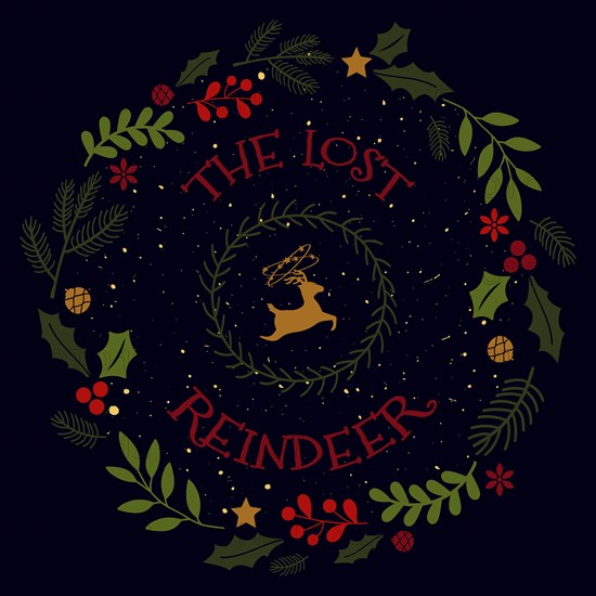 The lost reindeer funny text art seasonal illustration with different holiday symbols surrounded by a Christmas wreath. New year conceptual decorations and colors