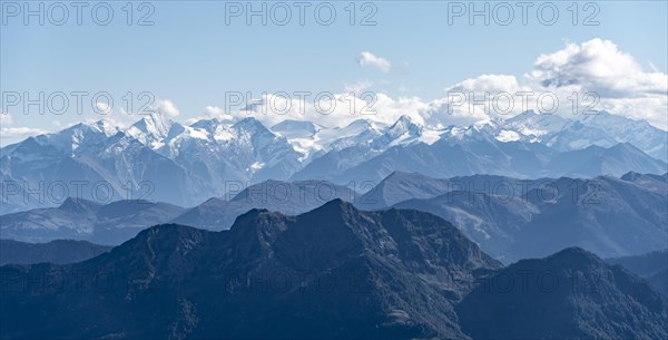 Snow-covered mountain peaks on the main ridge of the Alps