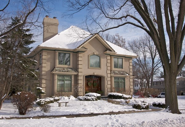 Majestic newly constructed home facade on a blustery day