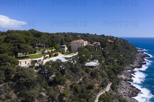 Aerial view of the Villa Del Mare estate at Cap Martin with pool and helipad