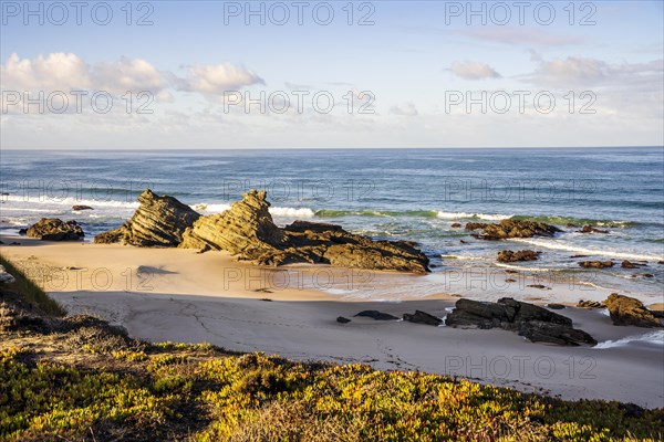 Beautiful landscape and seascape with rock formation in Samoqueira Beach