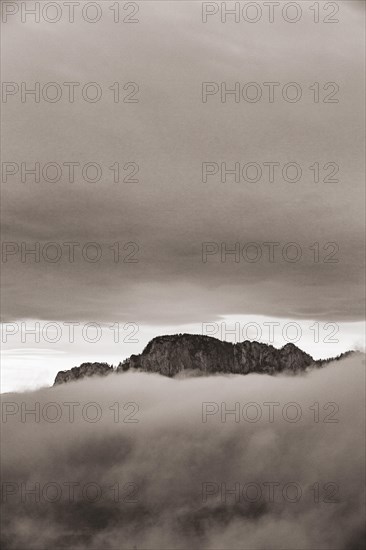 Drachenwand ragt aus dem Morgennebel