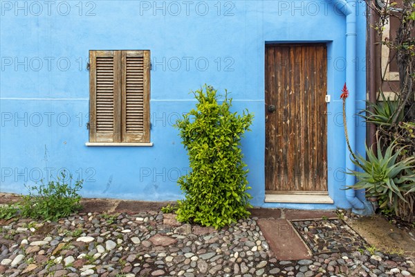 Wooden door and window on blue wall