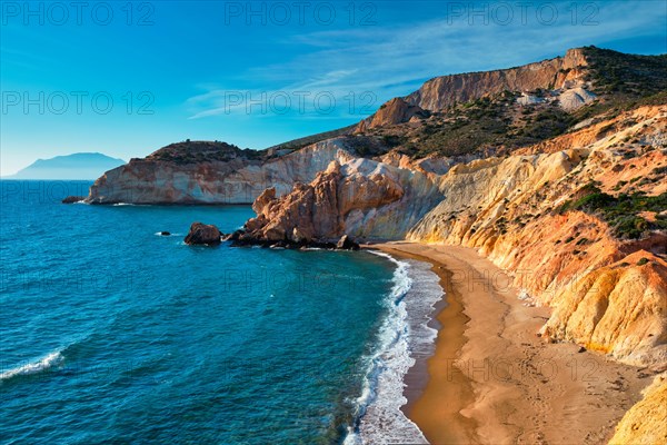 Agios Ioannis greek beach and Aegean sea on sunset